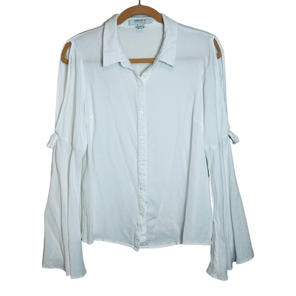 Boho White Open Shoulder Bell Sleeve Button Down Shirt XL - Picture 1 of 8